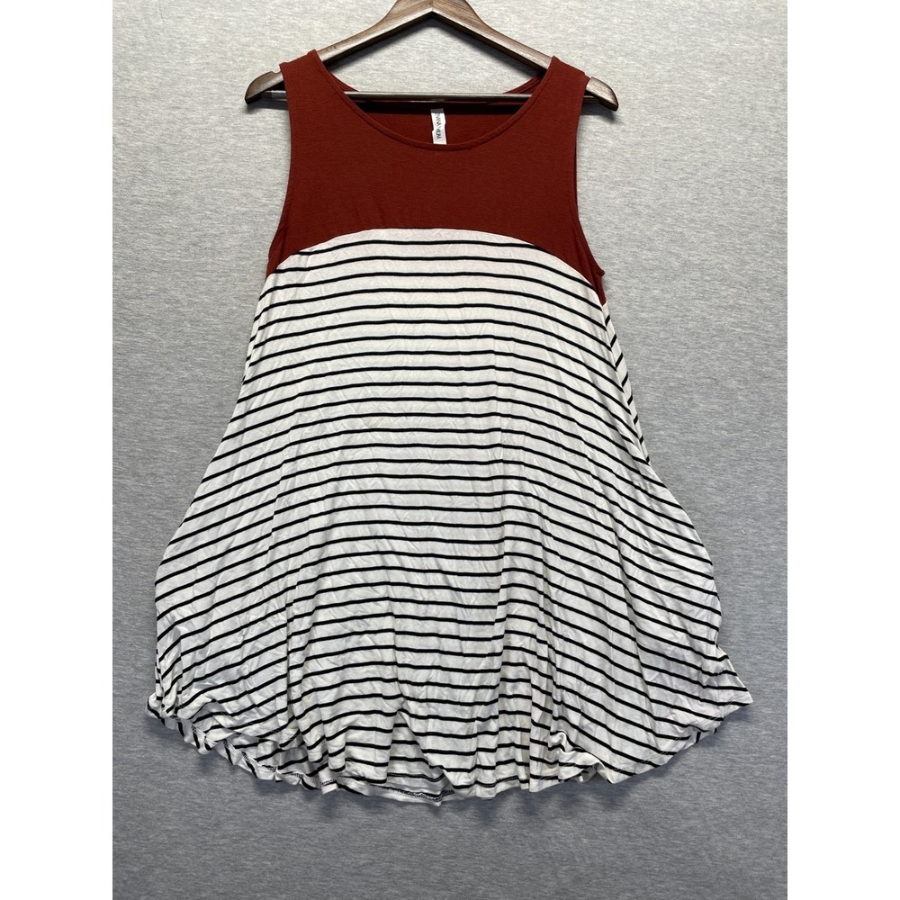 Zenana Premium Tank Dress Women Large Burgundy White Striped Rayon Flared Bottom